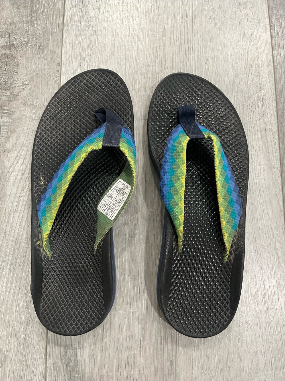 Chaco Black Flip Sandals with Blue and Green Straps